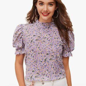 Women's Floral Ditsy Print Ruffle Puff Short Sleeve Blouse Lilac Purple X-Large